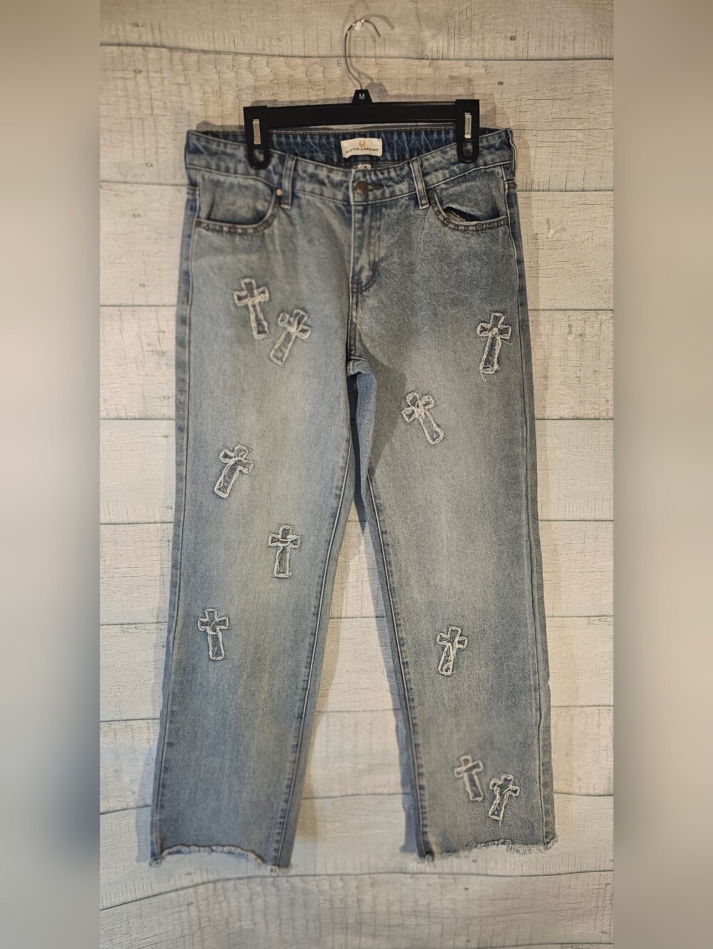 Embroidered Cross With Stubbed Accents Light Blue Boyfriend Jeans